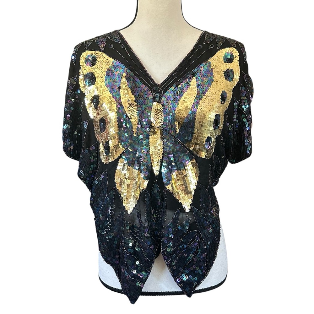 Vintage 70s 100% Silk Sequin Butterfly Top Iridescent Rainbow & Gold Festival OS